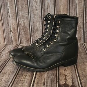 Sz 5 D Justin 506Y Kiltie Black Leather Lace Up Western Boots VGUC!